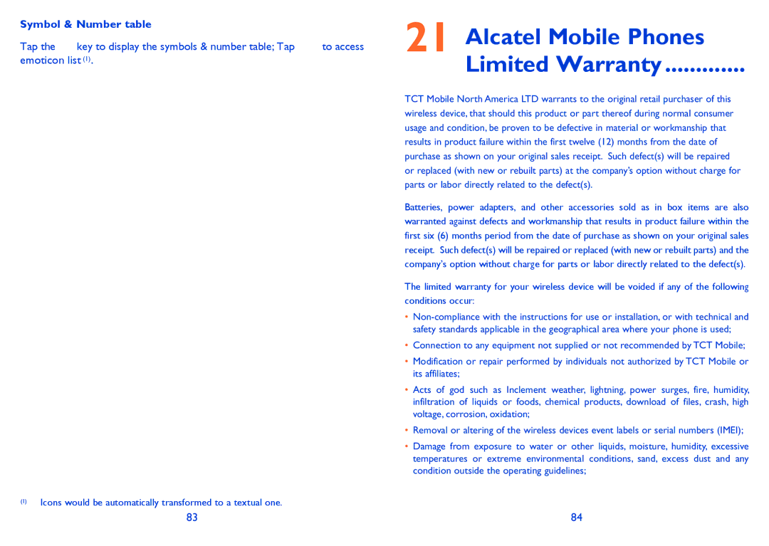 Alcatel 710A manual Alcatel Mobile Phones Limited Warranty, Symbol & Number table 