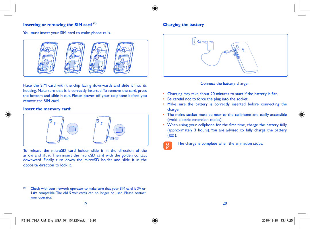 Alcatel 799A manual Inserting or removing the SIM card, Insert the memory card, Charging the battery 