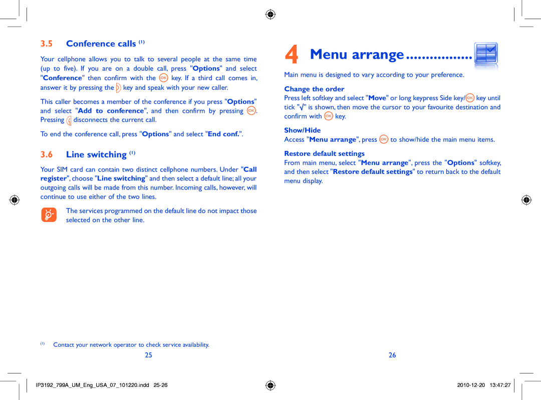 Alcatel 799A manual Menu arrange, Conference calls, Line switching 