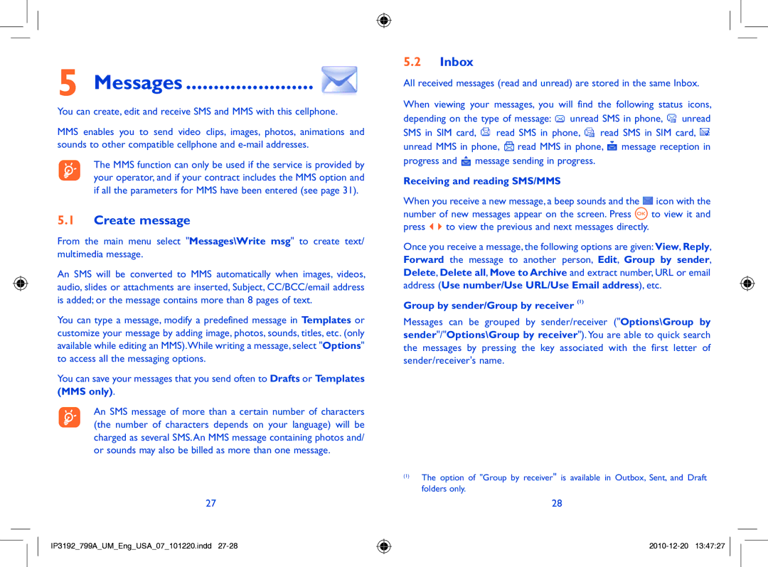 Alcatel 799A manual Messages, Create message, Inbox, Receiving and reading SMS/MMS, Group by sender/Group by receiver 