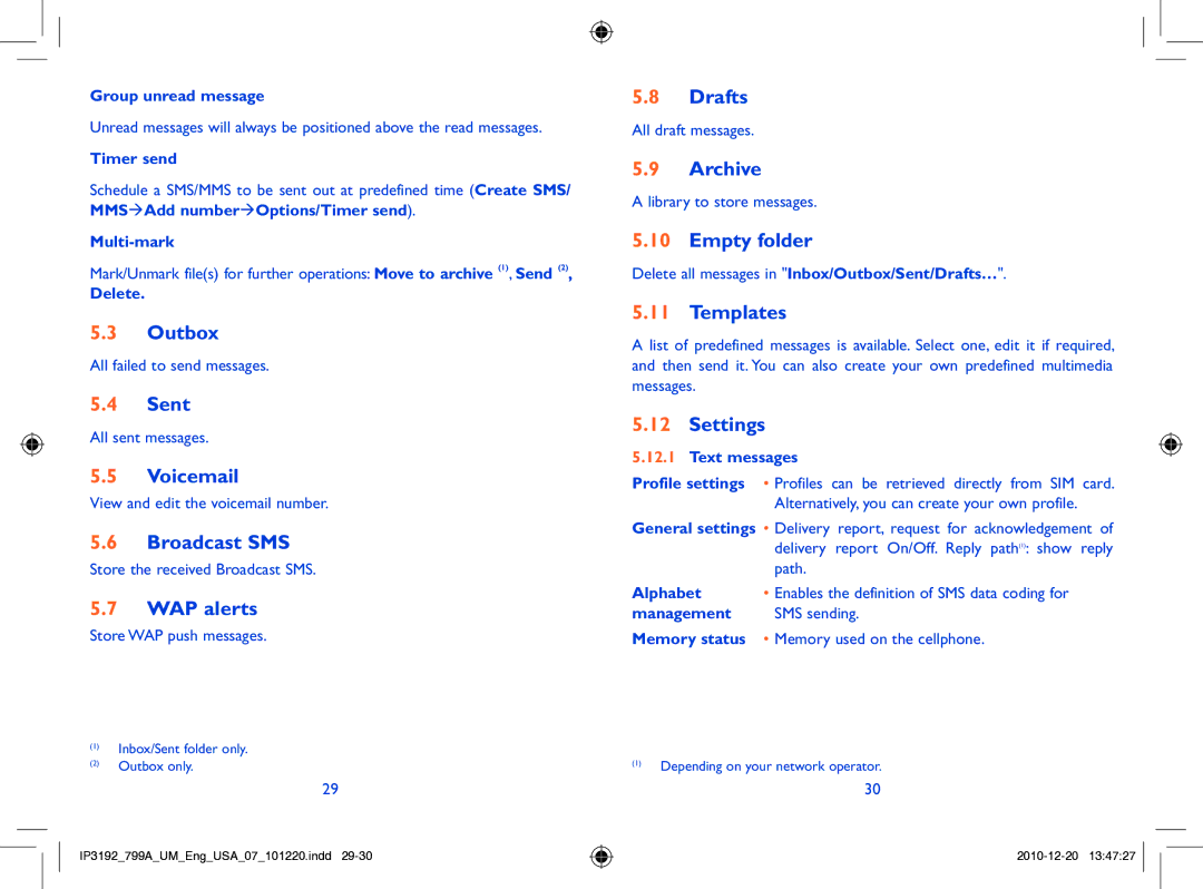 Alcatel 799A manual Outbox, Sent, Voicemail, Broadcast SMS, WAP alerts, Drafts, Archive, Empty folder, Templates, Settings 