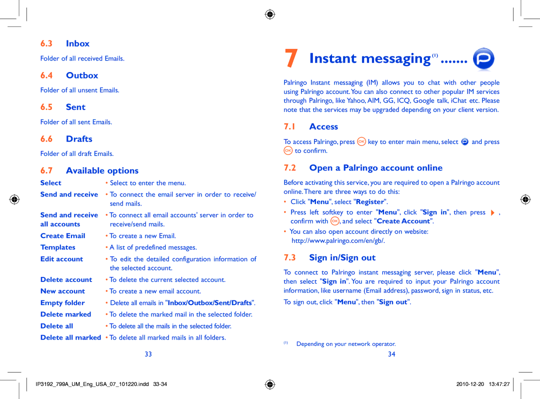 Alcatel 799A manual Instant messaging1, Available options, Open a Palringo account online, Sign in/Sign out 
