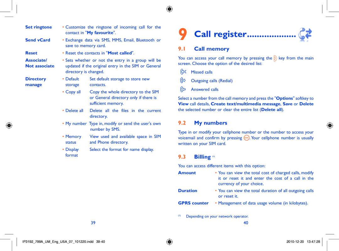 Alcatel 799A manual Call register, Call memory, My numbers, Billing 