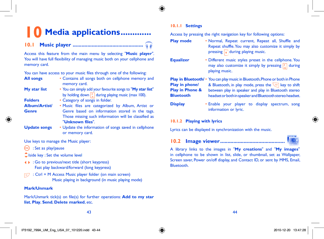 Alcatel 799A manual Media applications, Music player, Image viewer 