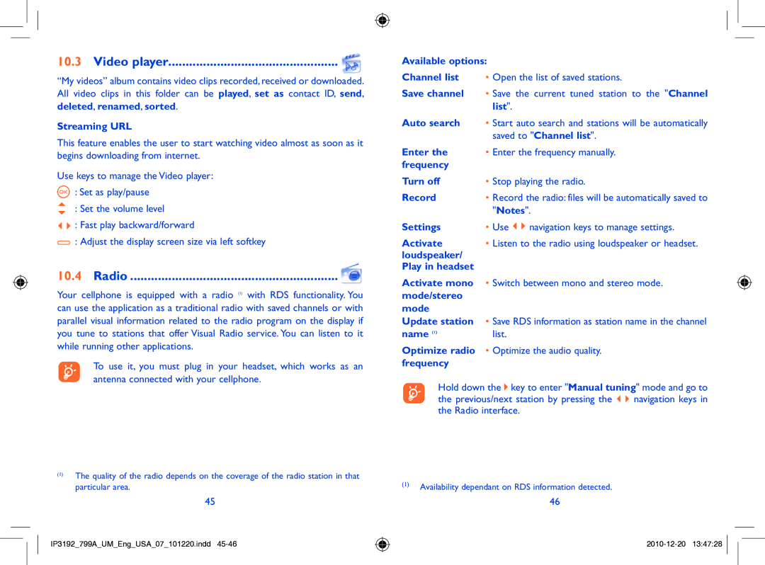 Alcatel 799A manual Video player, Radio 