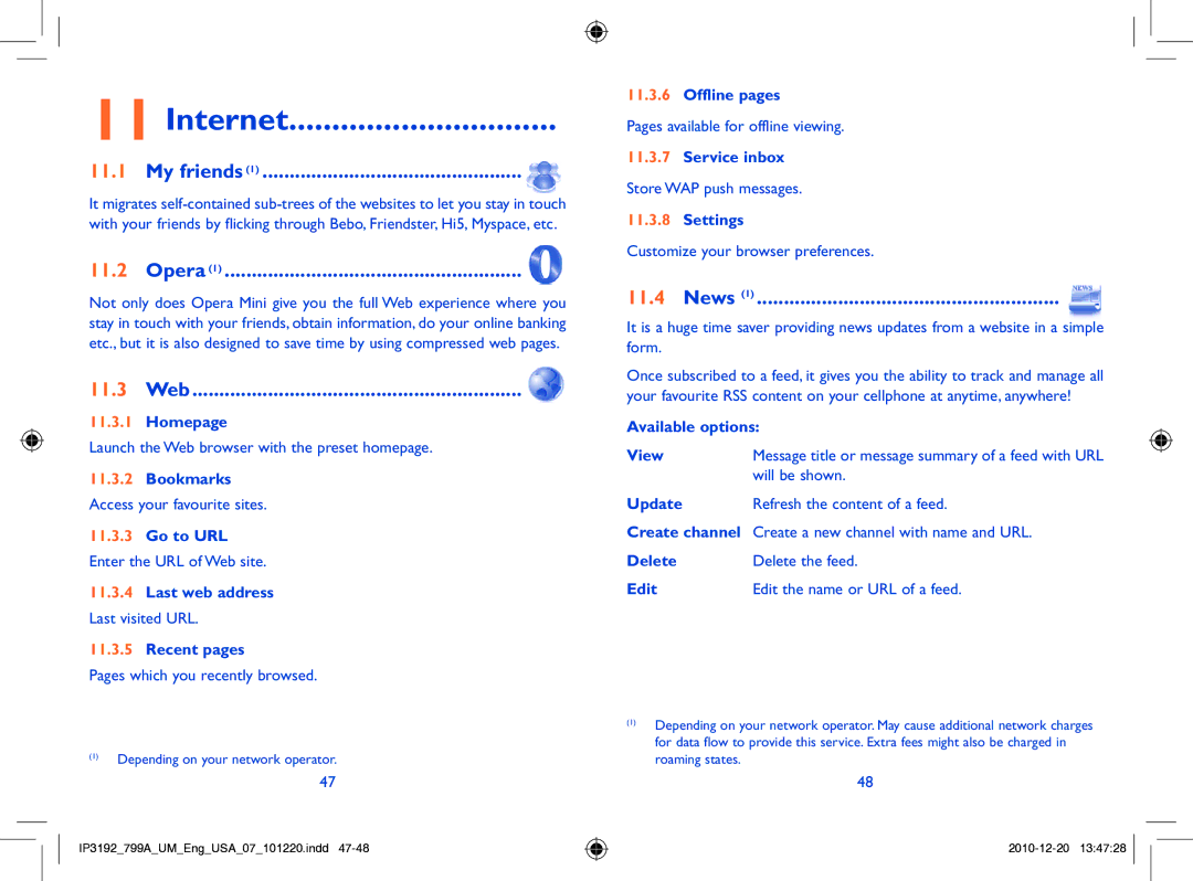 Alcatel 799A manual Internet, My friends, Opera, 11.3 Web, News 