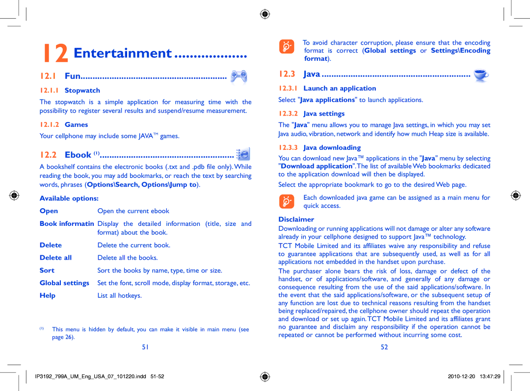 Alcatel 799A manual Entertainment, 12.1 Fun, Ebook, Java 