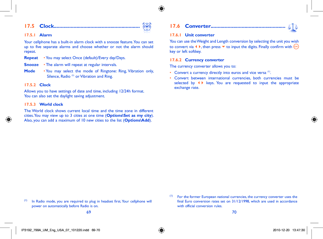 Alcatel 799A manual Clock, Converter, Unit converter, Currency converter 