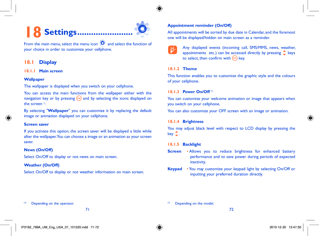 Alcatel 799A manual Settings, Display 