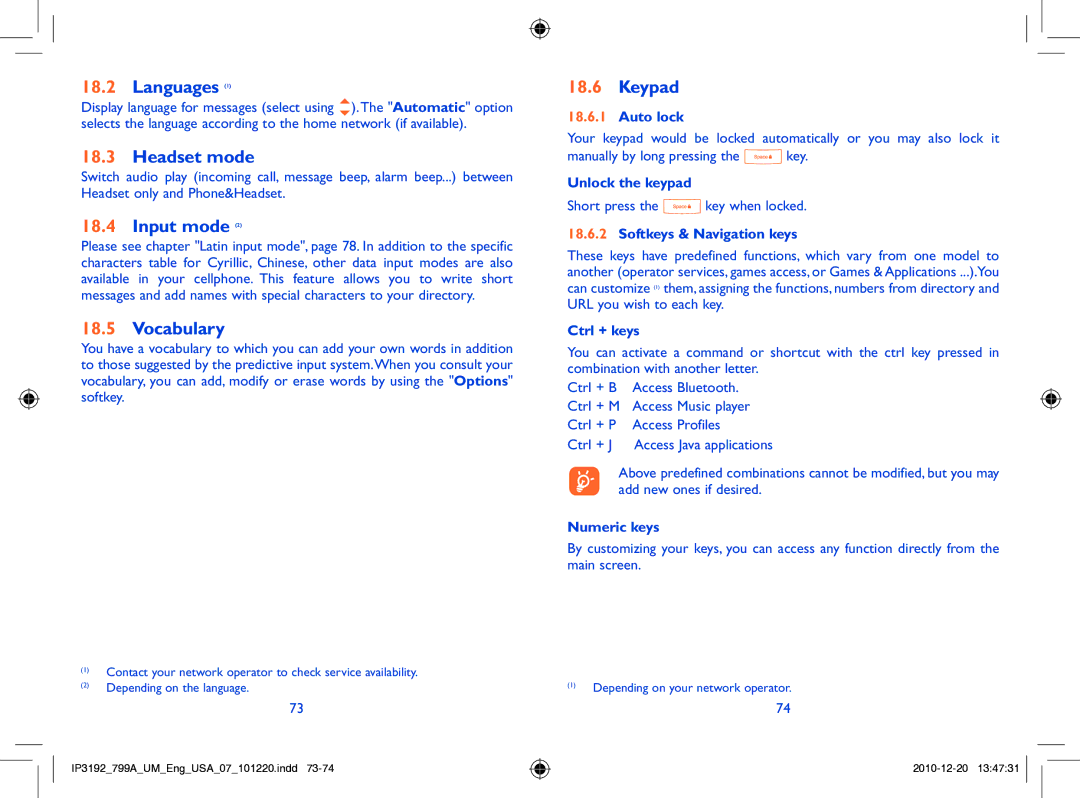 Alcatel 799A manual Languages, Headset mode, Input mode, Vocabulary, Keypad 