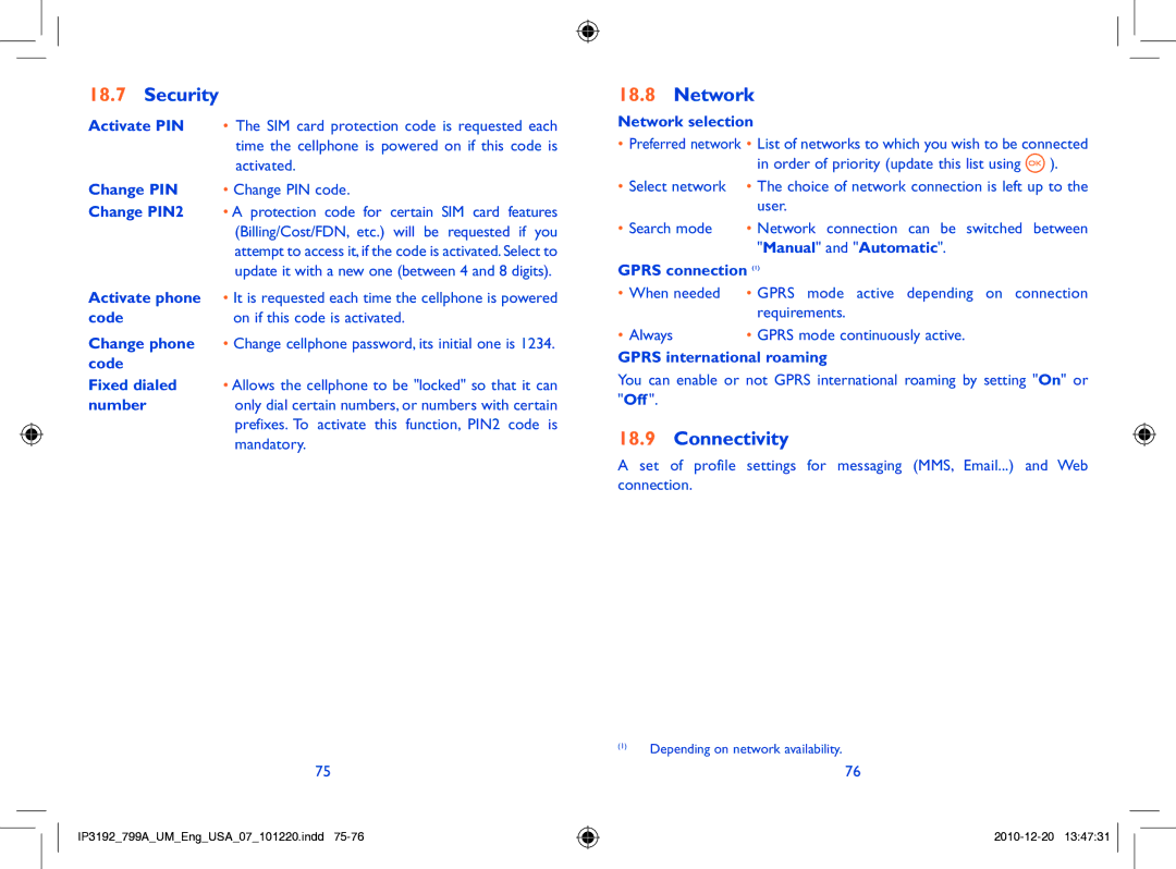 Alcatel 799A manual Security, Network, Connectivity 