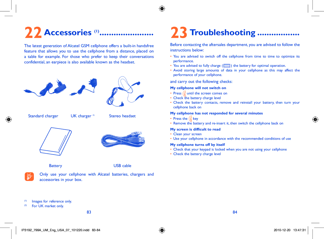 Alcatel 799A manual Accessories, 23Troubleshooting, Standard charger UK charger, Battery, Carry out the following checks 