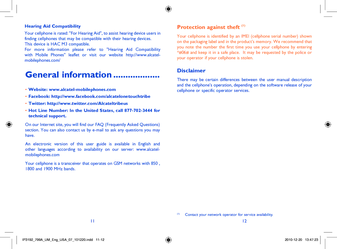 Alcatel 799A manual General information, Disclaimer, Hearing Aid Compatibility 