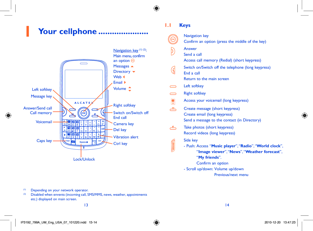 Alcatel 799A manual Your cellphone, Keys, My friends 