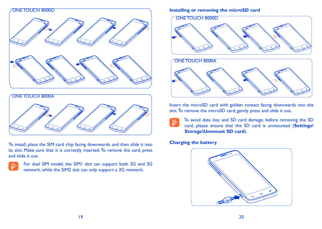 Alcatel 8000D, 8000A manual Installing or removing the microSD card, Charging the battery 