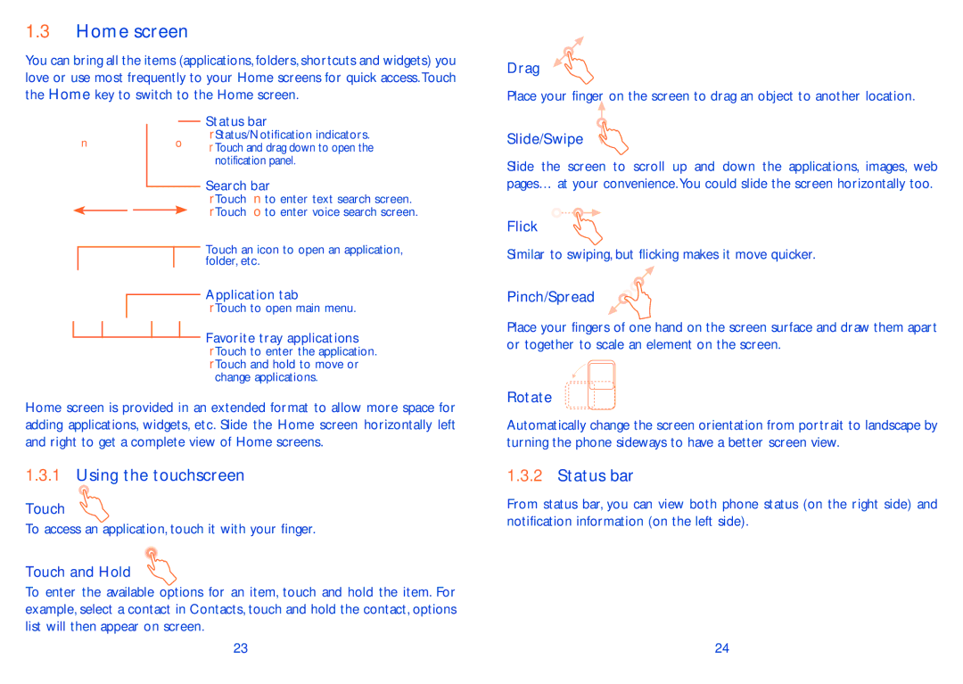 Alcatel 8000D, 8000A manual Home screen, Using the touchscreen, Status bar 