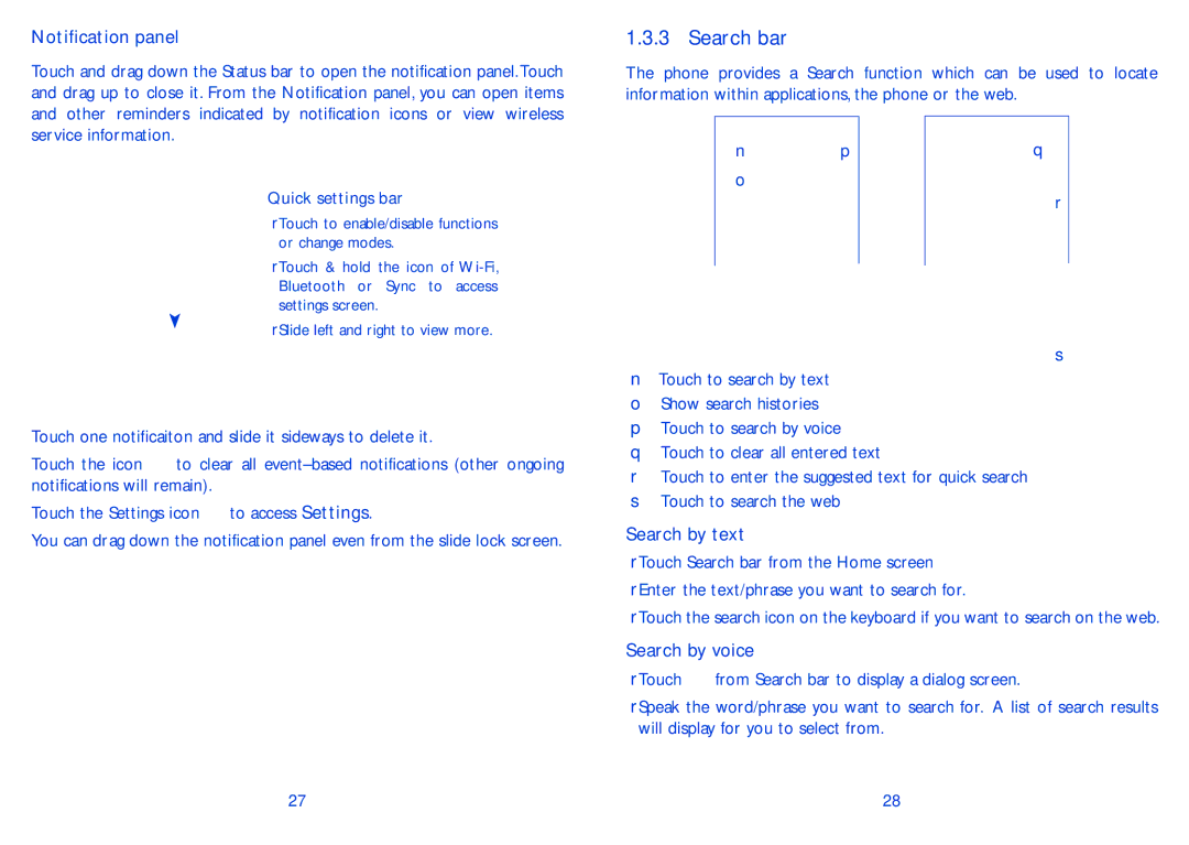 Alcatel 8000D, 8000A manual Search bar, Notification panel, Search by text, Search by voice 
