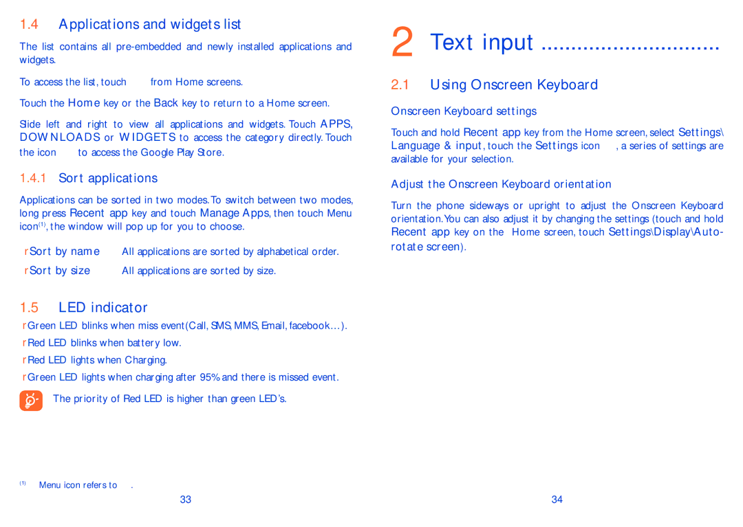 Alcatel 8000A, 8000D Text input, Applications and widgets list, LED indicator, Using Onscreen Keyboard, Sort applications 