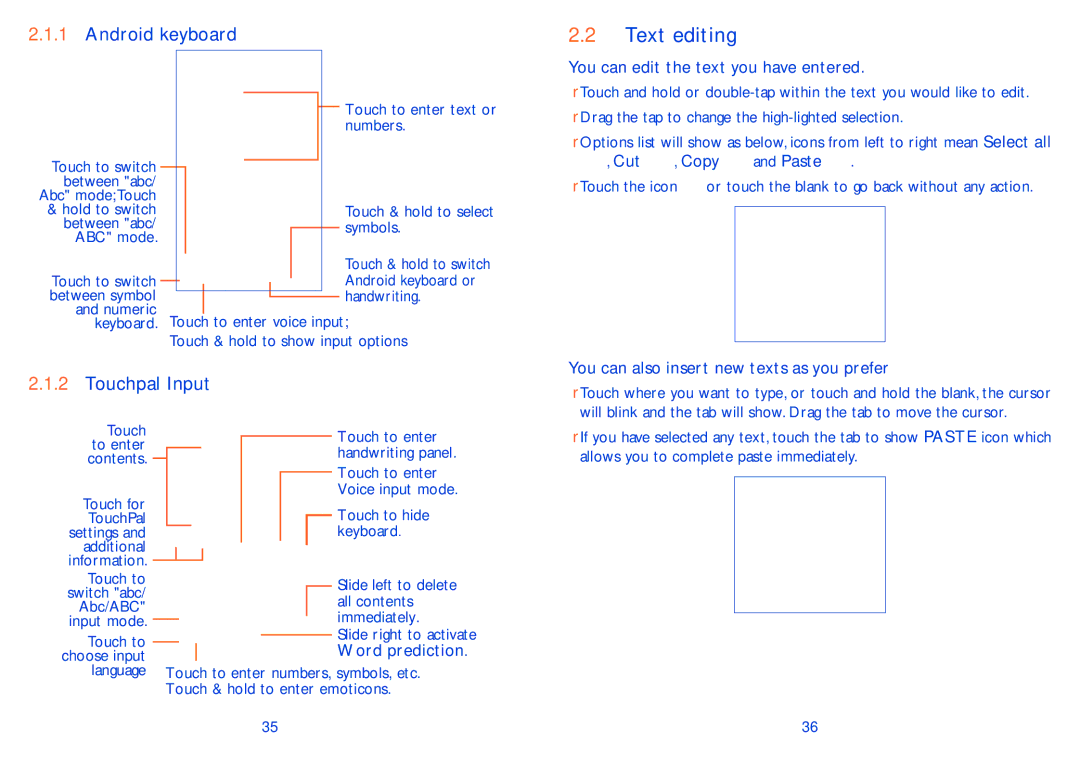 Alcatel 8000D, 8000A manual Text editing, Android keyboard, Touchpal Input 