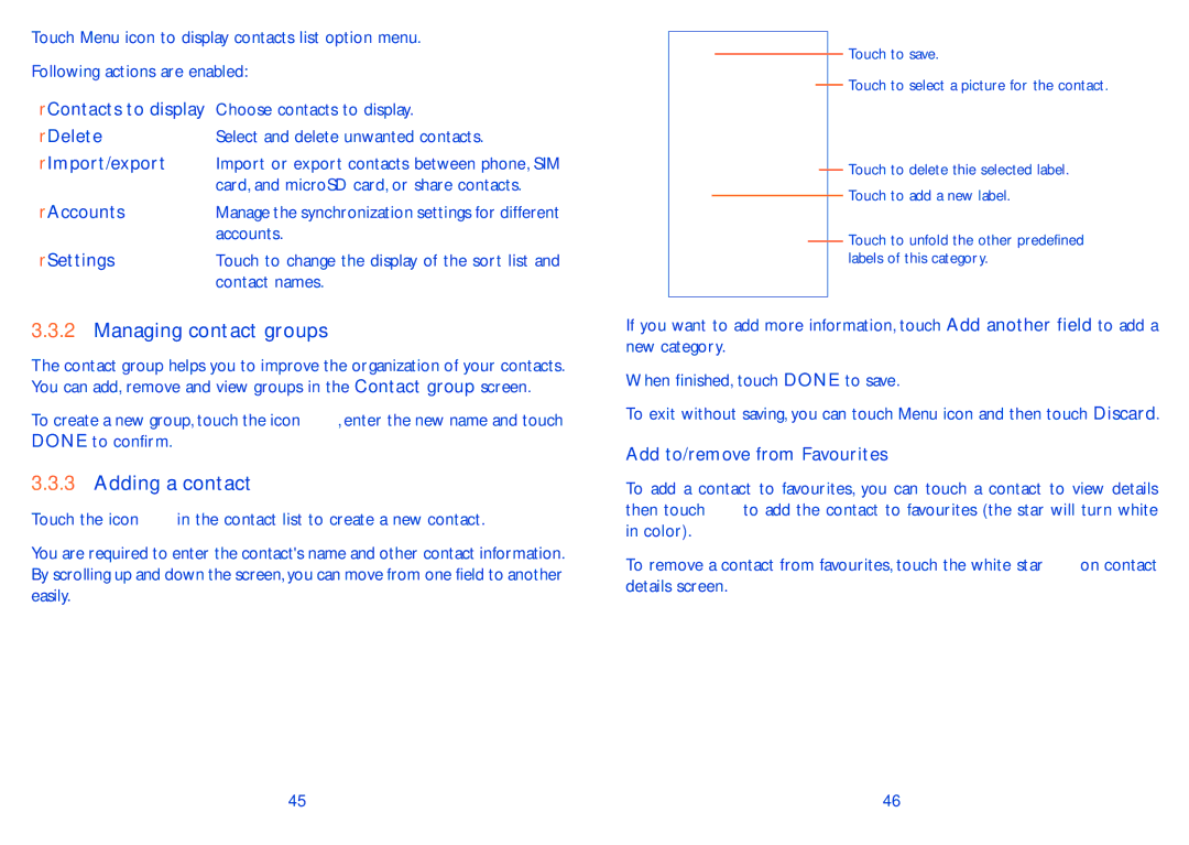 Alcatel 8000A, 8000D manual Managing contact groups, Adding a contact, Delete, Settings, Add to/remove from Favourites 