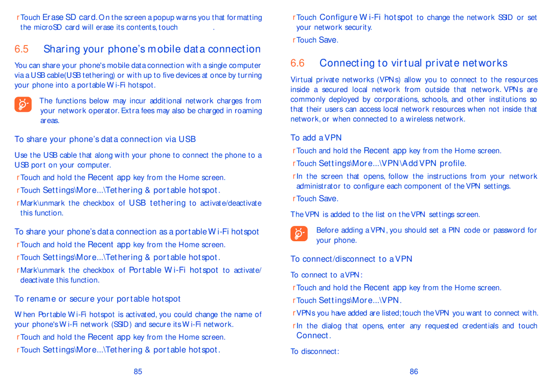 Alcatel 8000A, 8000D manual Sharing your phones mobile data connection, Connecting to virtual private networks 