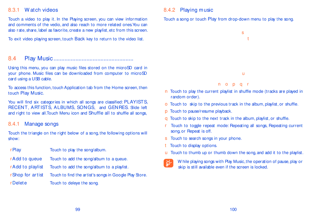 Alcatel 8000D, 8000A manual Play Music, Watch videos, Manage songs, Playing music 