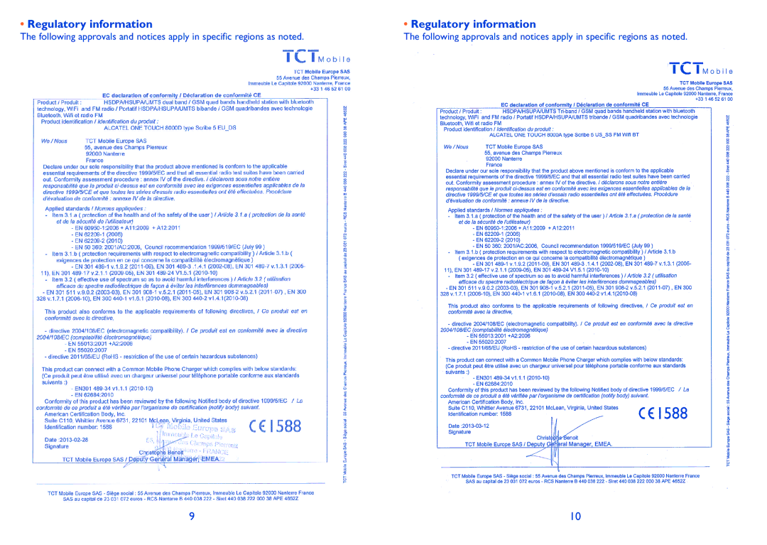 Alcatel 8000A, 8000D manual Regulatory information 