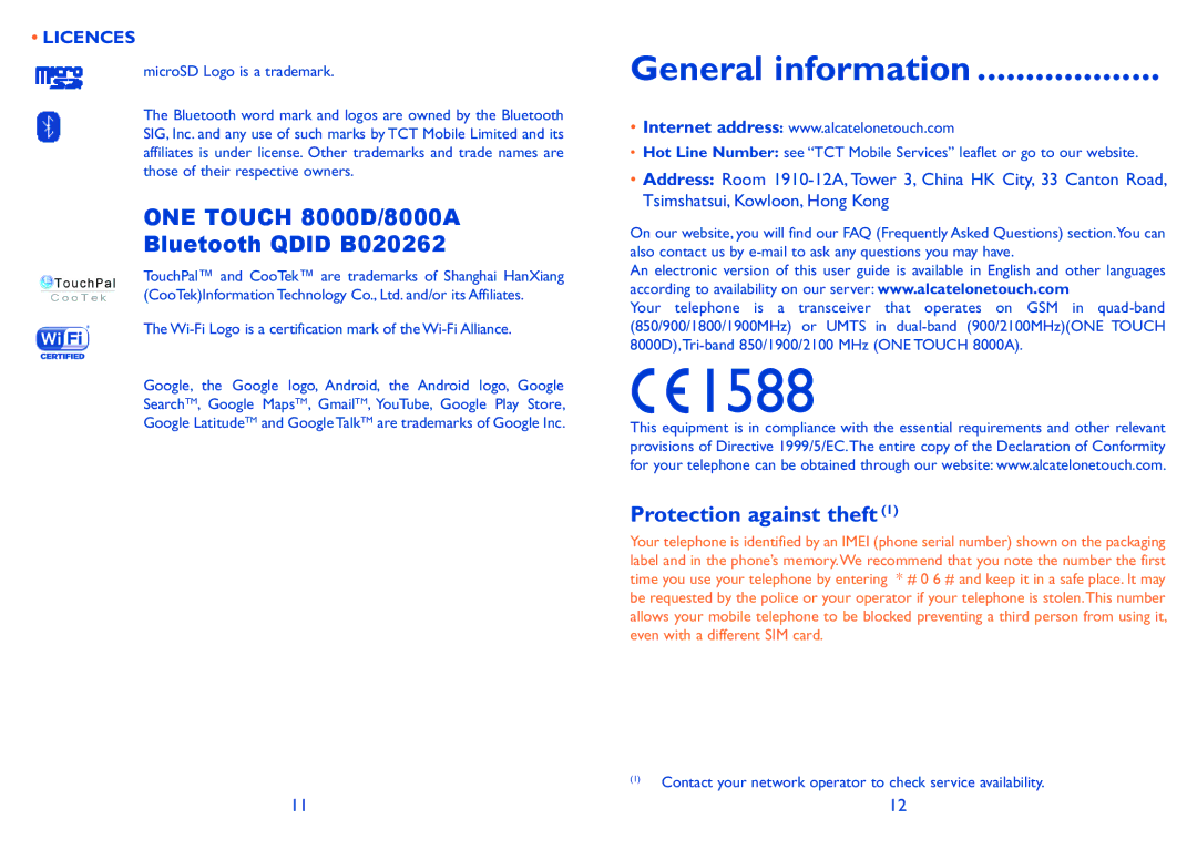 Alcatel manual General information, ONE Touch 8000D/8000A Bluetooth Qdid B020262, Protection against theft, Licences 