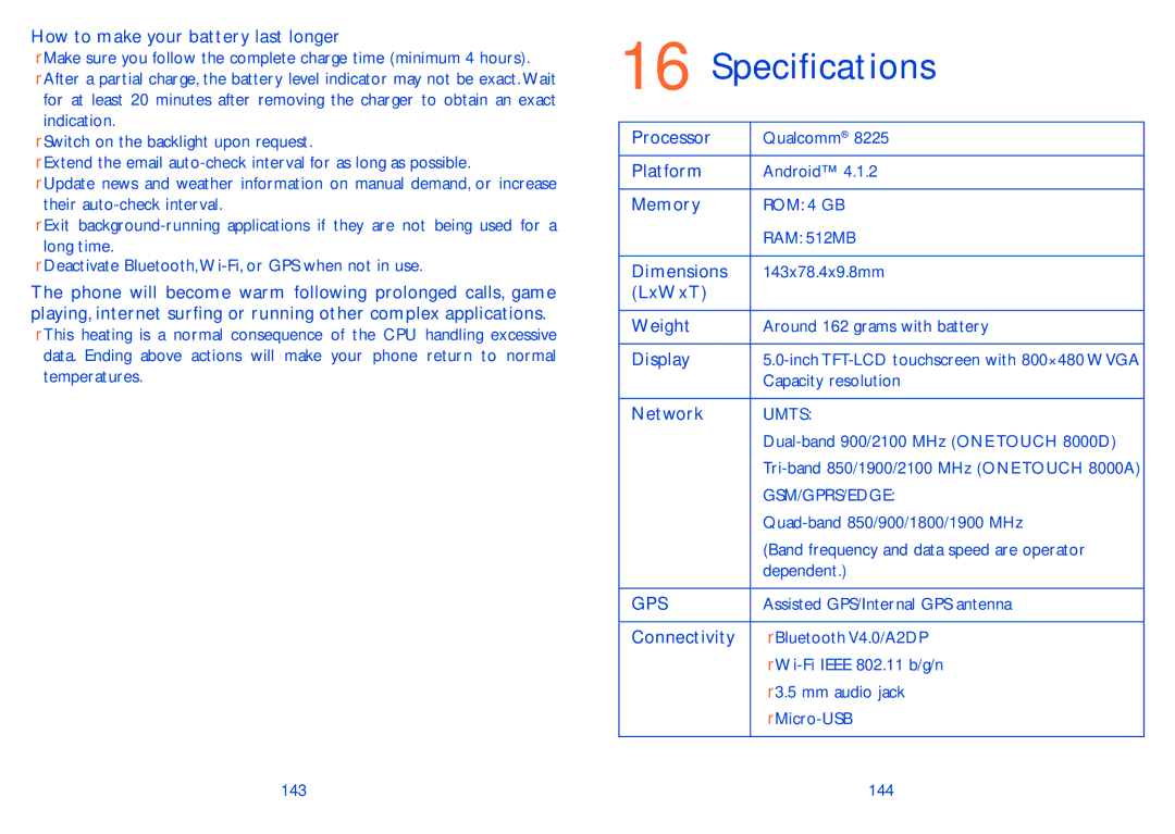 Alcatel 8000D, 8000A manual Specifications, Gps 