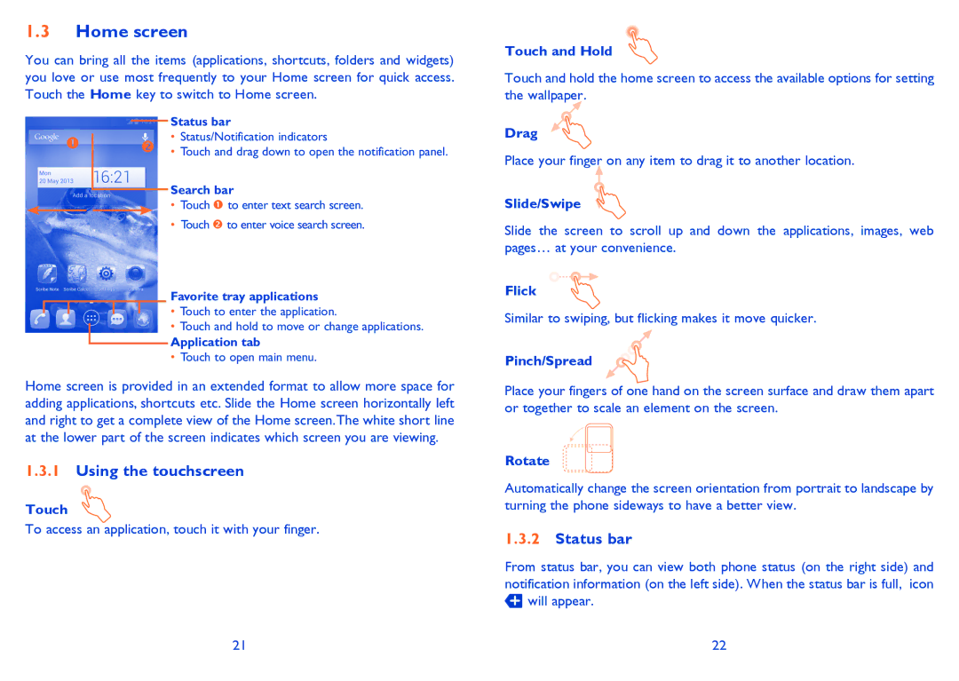 Alcatel 8008D, 8008X manual Home screen, Using the touchscreen, Status bar 