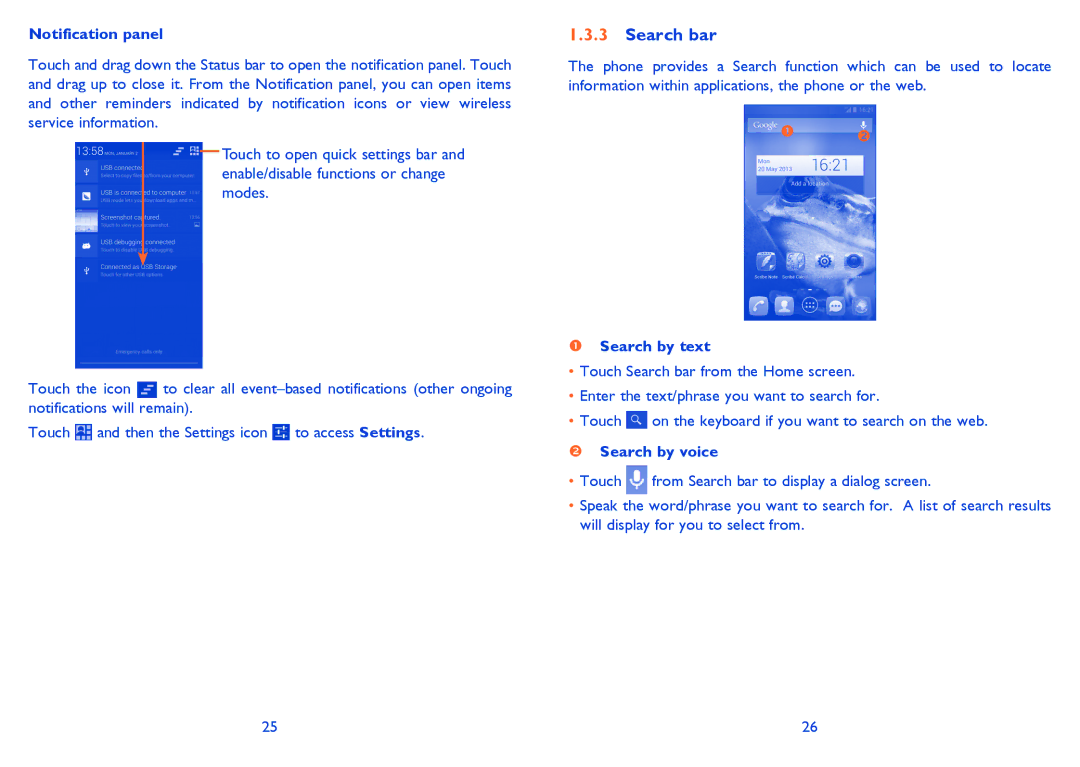 Alcatel 8008D, 8008X manual Search bar, Notification panel, Search by text, Search by voice 