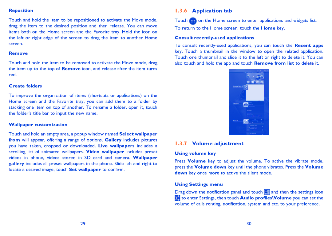 Alcatel 8008D, 8008X manual Application tab, Volume adjustment 