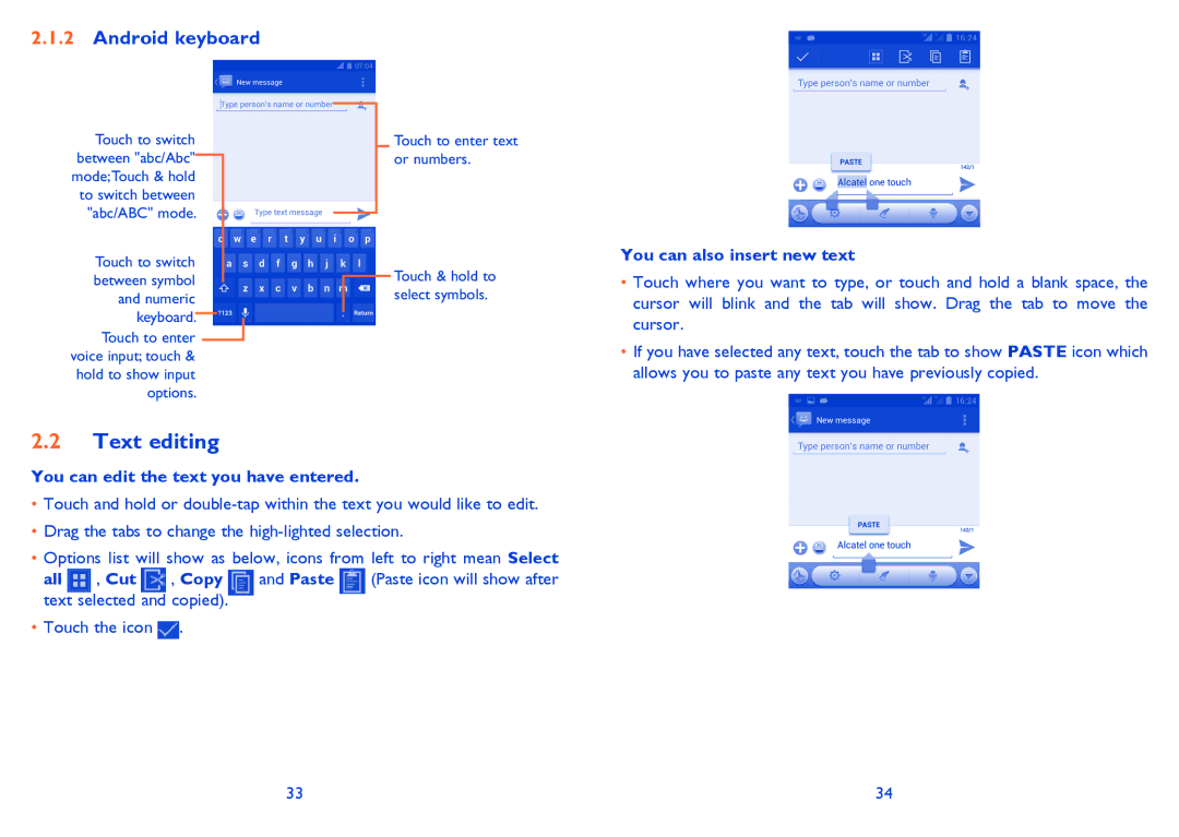 Alcatel 8008D, 8008X manual Text editing, Android keyboard 