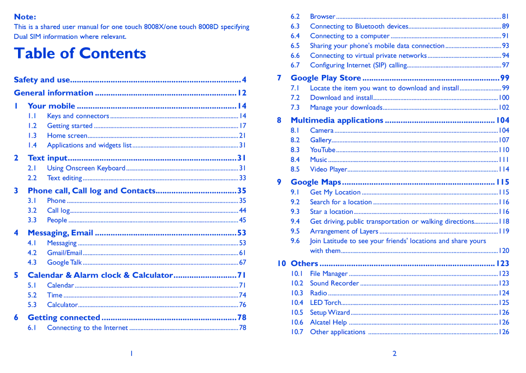 Alcatel 8008D, 8008X manual Table of Contents 