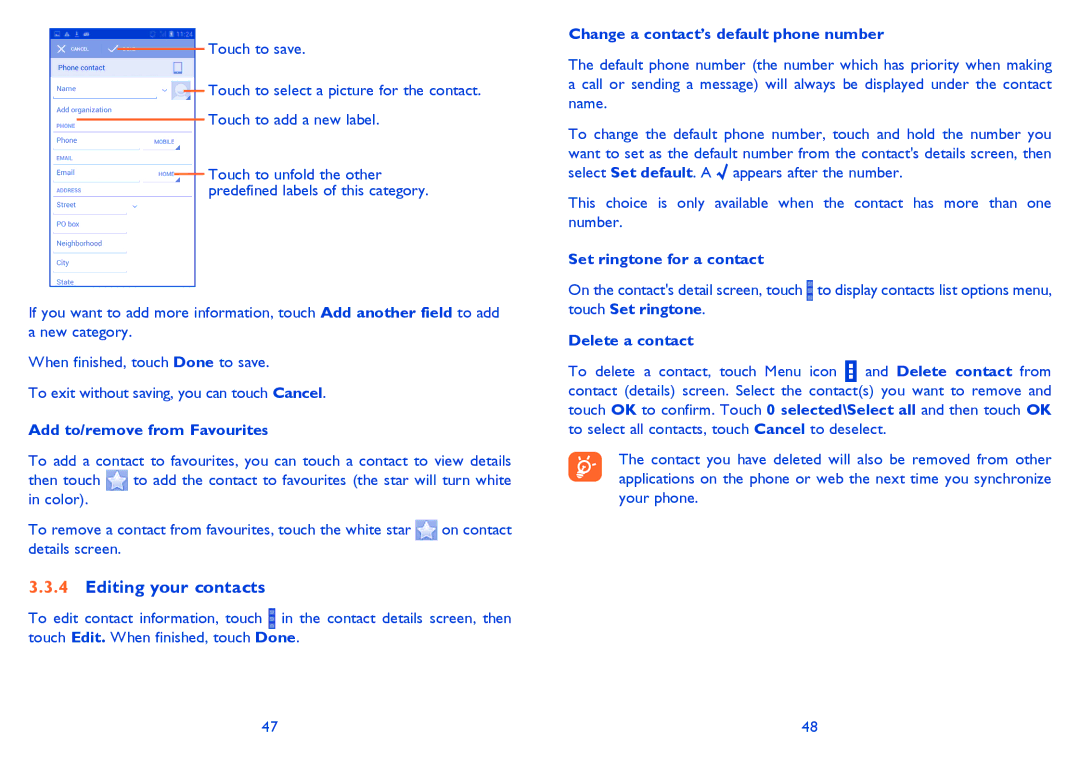 Alcatel 8008X, 8008D manual Editing your contacts, Add to/remove from Favourites, Change a contact’s default phone number 