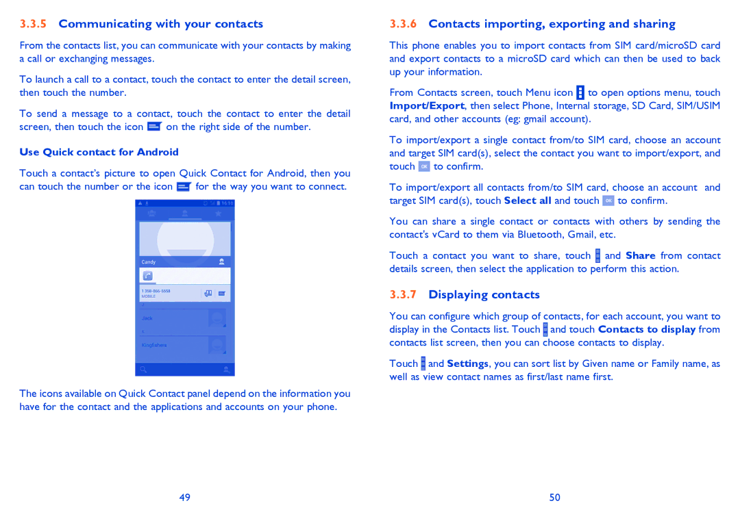 Alcatel 8008D, 8008X manual Communicating with your contacts, Contacts importing, exporting and sharing, Displaying contacts 