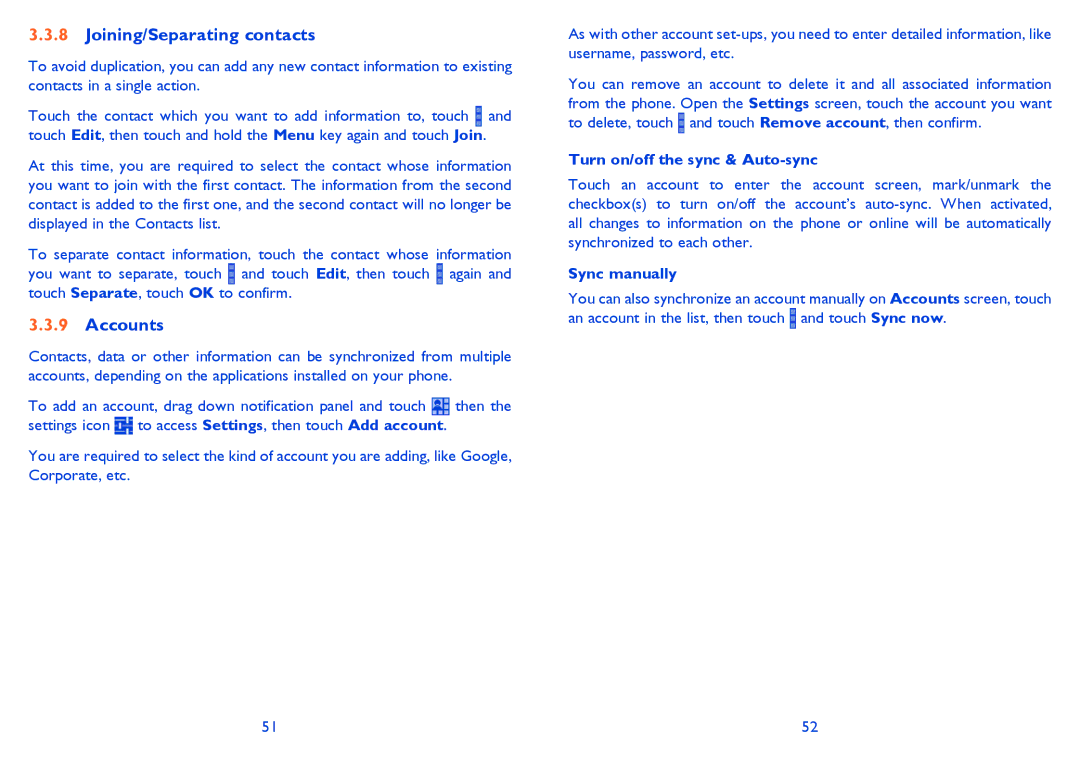 Alcatel 8008X, 8008D Joining/Separating contacts, Accounts, Turn on/off the sync & Auto-sync, Sync manually 