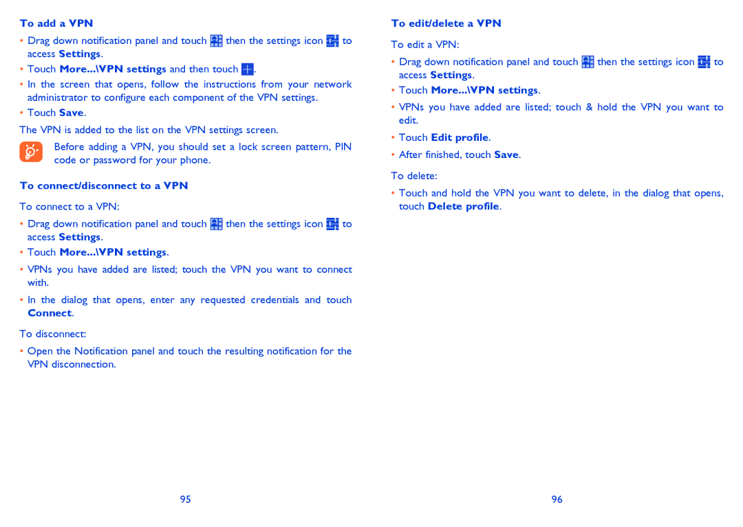 Alcatel 8008X, 8008D manual To add a VPN, To connect/disconnect to a VPN, Touch More...\VPN settings, To edit/delete a VPN 