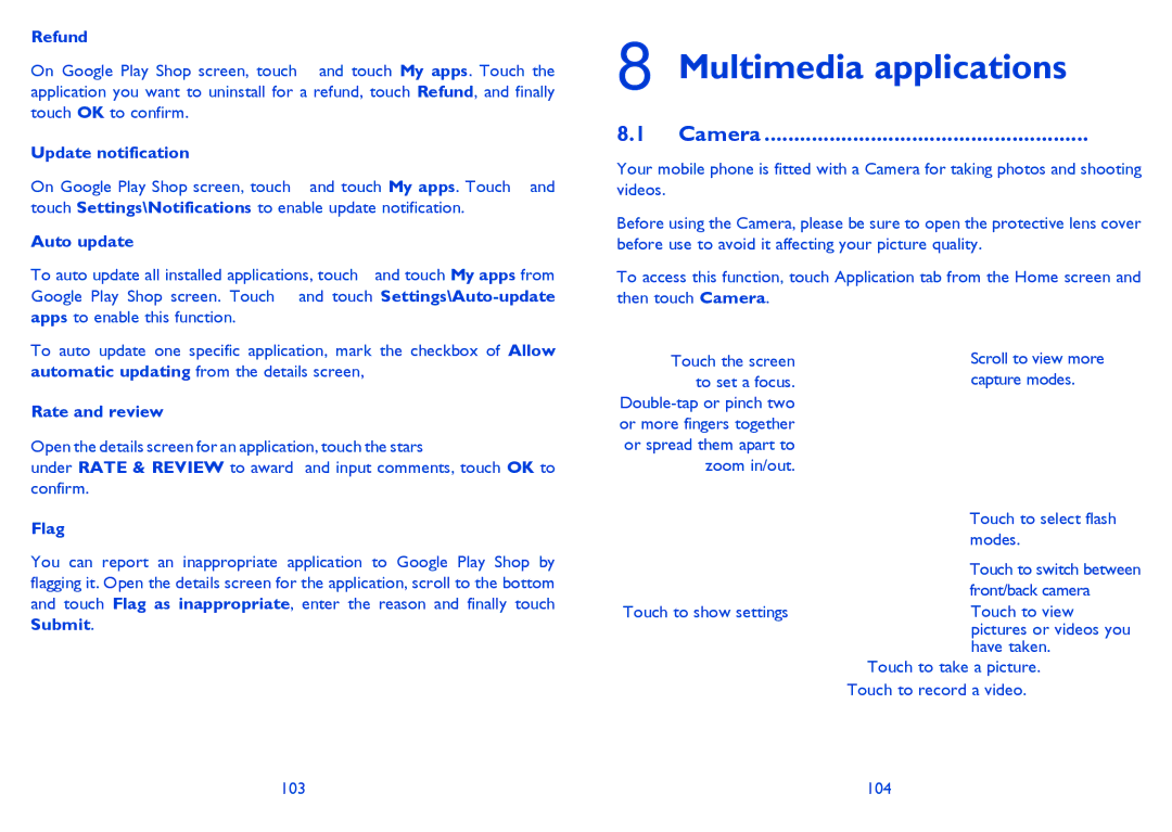 Alcatel 8008X, 8008D manual Multimedia applications, Camera 
