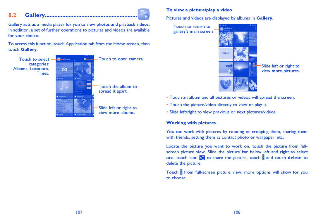 Alcatel 8008X, 8008D manual Gallery, To view a picture/play a video, Working with pictures 