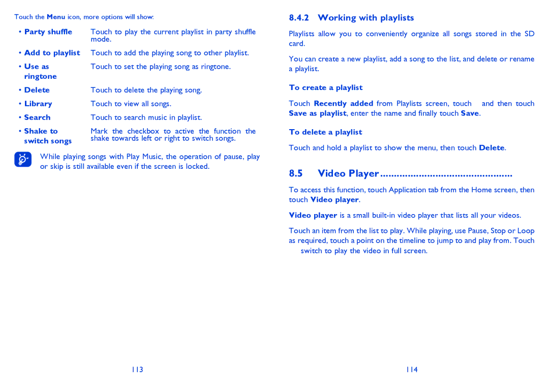 Alcatel 8008D, 8008X manual Working with playlists, Video Player, To create a playlist, To delete a playlist 