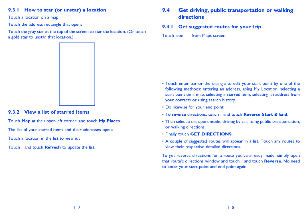 Alcatel 8008D, 8008X manual Get driving, public transportation or walking directions, How to star or unstar a location 
