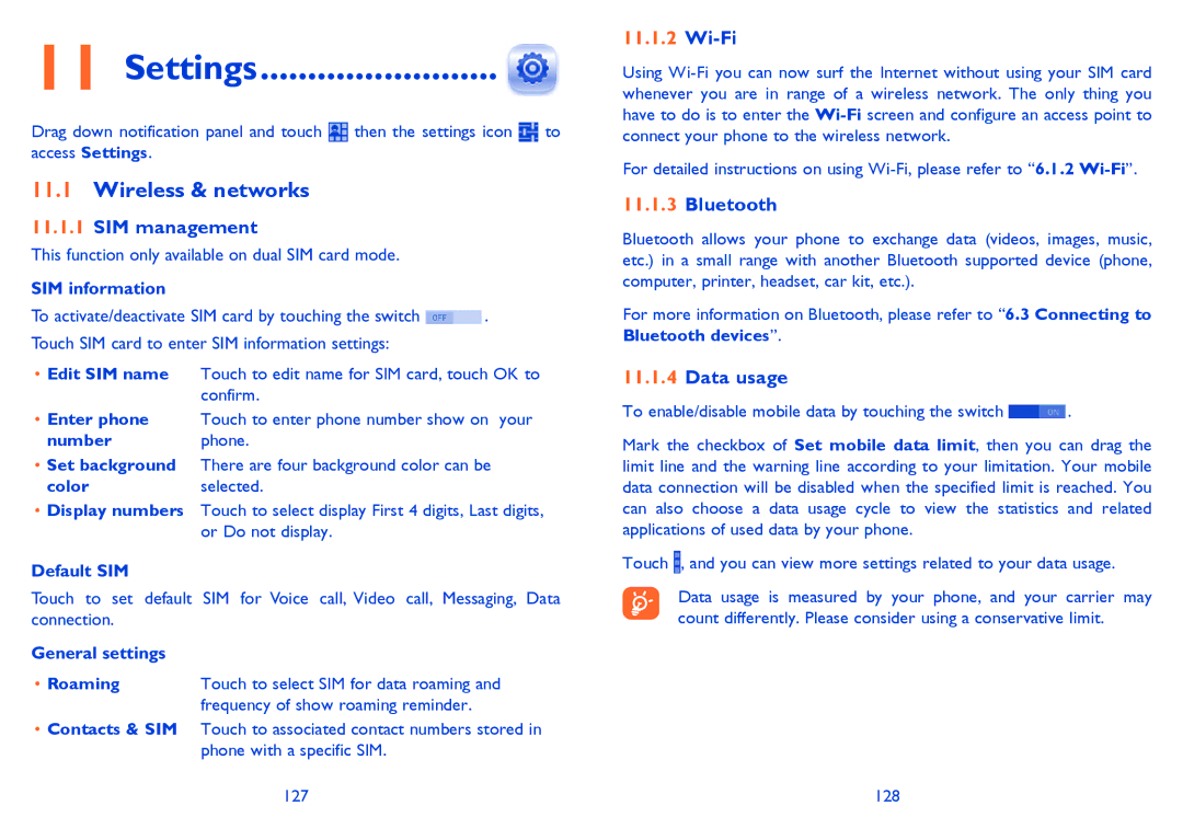 Alcatel 8008X, 8008D manual Settings, Wireless & networks, SIM management, Bluetooth, Data usage 
