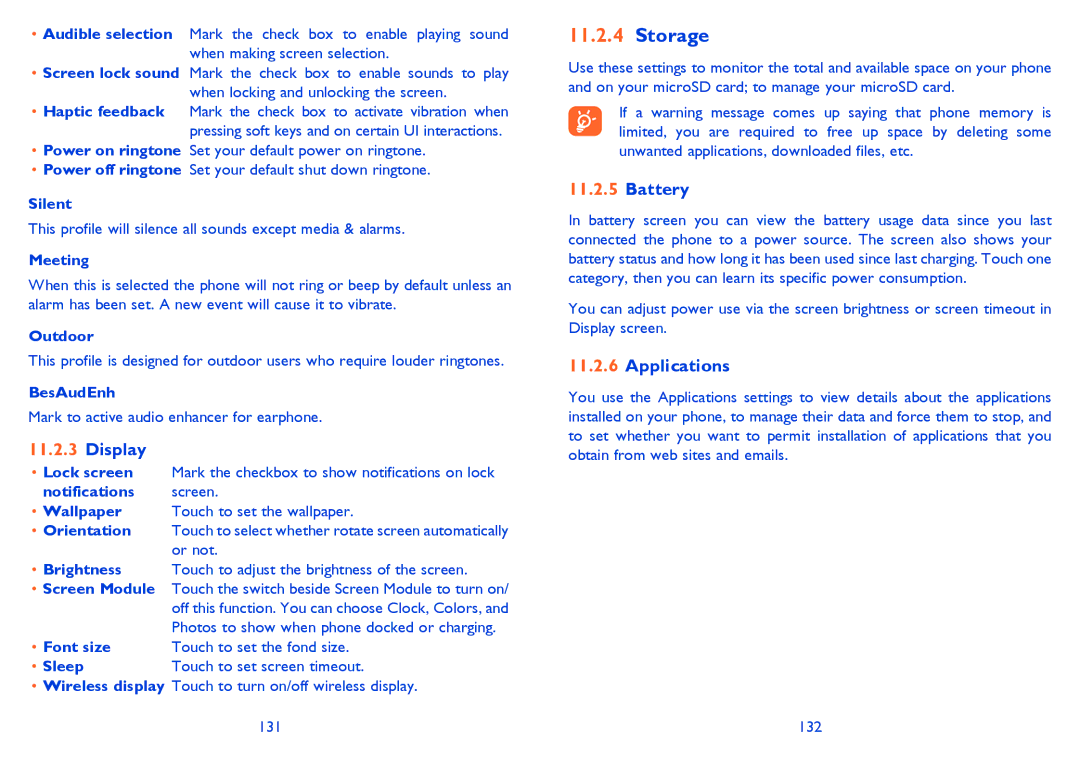 Alcatel 8008X, 8008D manual Storage, Display, Battery, Applications 