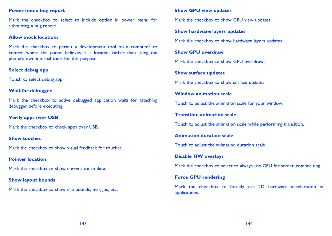 Alcatel 8008X manual Power menu bug report, Allow mock locations, Select debug app, Wait for debugger, Verify apps over USB 