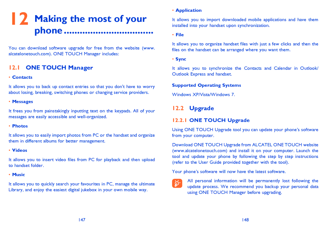 Alcatel 8008X, 8008D manual Making the most of your Phone, ONE Touch Manager, ONE Touch Upgrade 