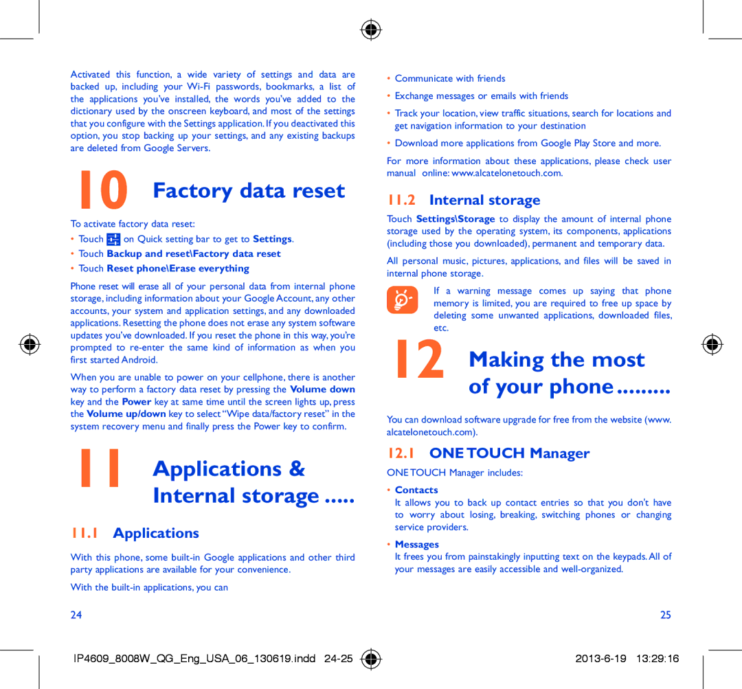 Alcatel 8008W manual Factory data reset, Applications Internal storage, Making the most Your phone 