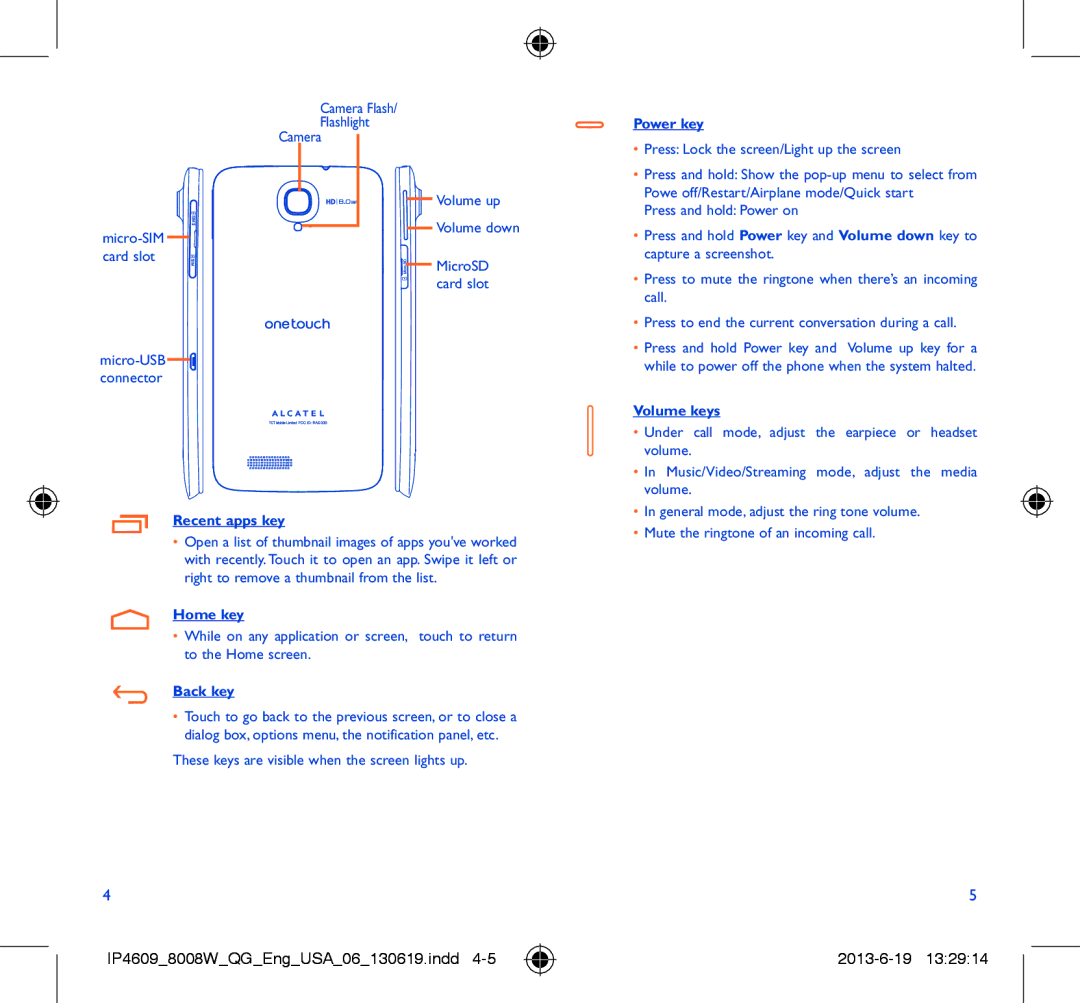 Alcatel 8008W manual Power key, Volume keys Recent apps key, Home key, Back key 