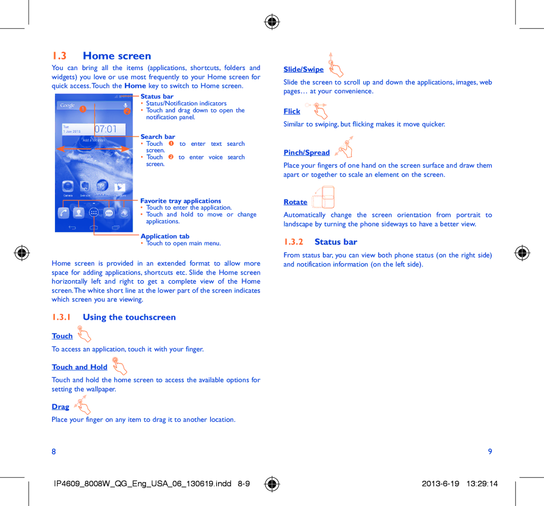 Alcatel 8008W manual Home screen, Using the touchscreen, Status bar 