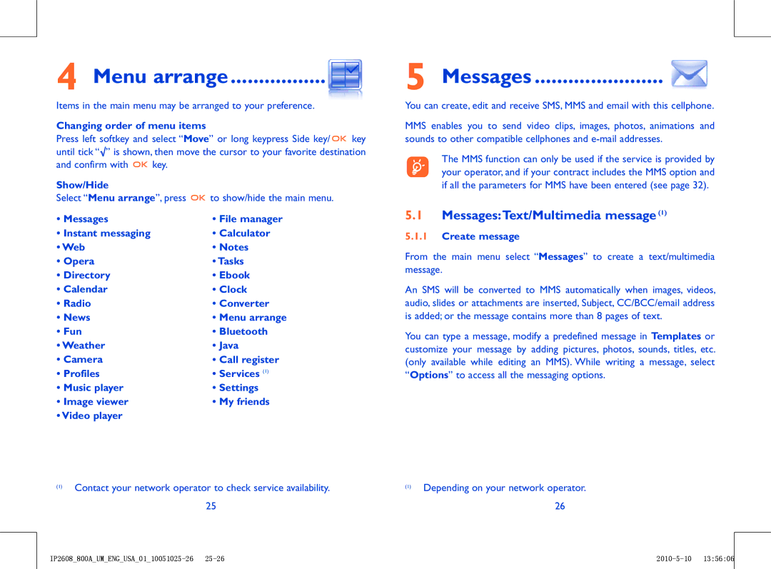 Alcatel 800A manual Menu arrange, MessagesText/Multimedia message 